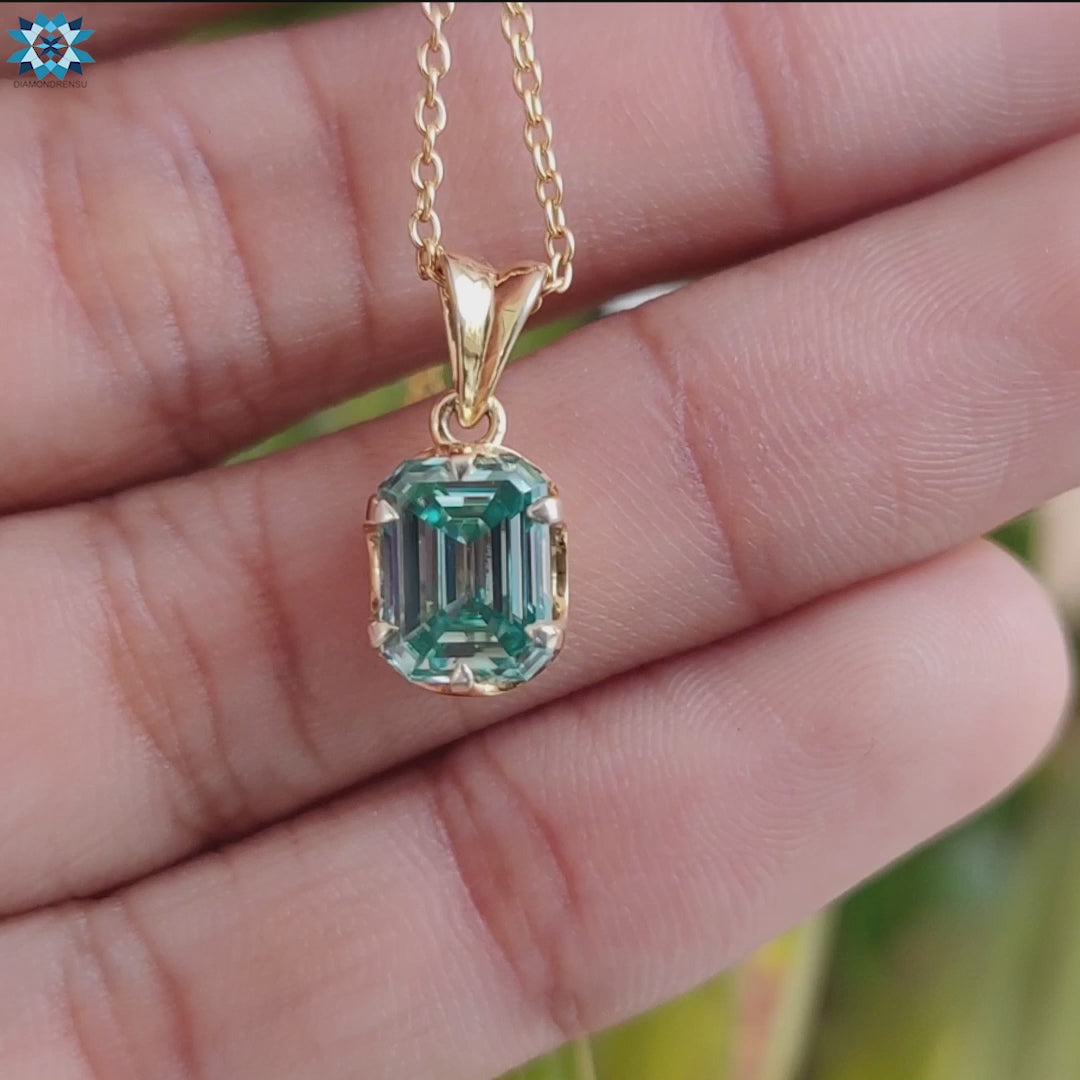 1.86 CT Emerald Step Cut Cyan Blue Moissanite Vintage Style Pendant