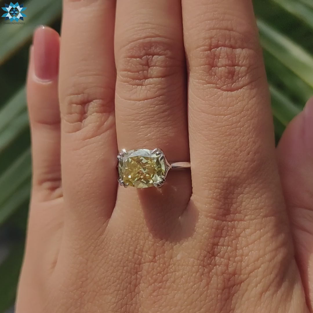 Canary Yellow Cushion Divine Moissanite Ring, Hidden Halo Engagement Ring, Cathedral Setting