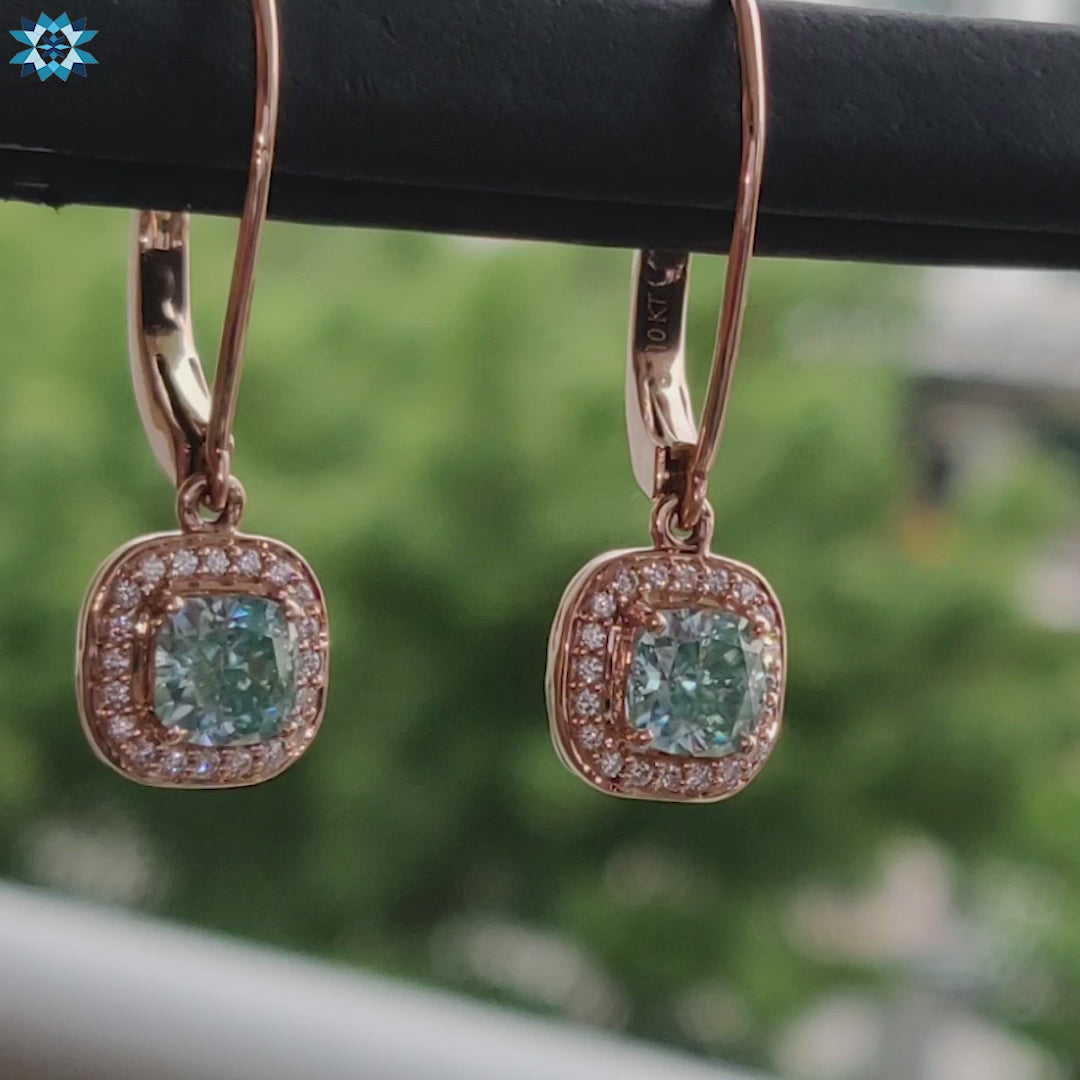 Dangle Drop Earrings - 1.44 TCW Cushion Cyan Blue Moissanite Halo Earrings