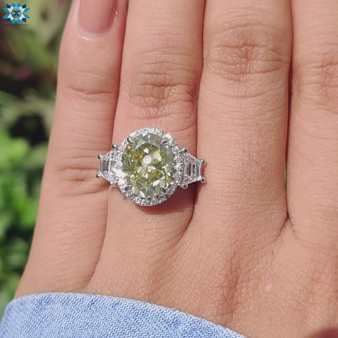 4.44 CT Oval Cut Canary Yellow Moissanite Ring, Halo Engagement Ring