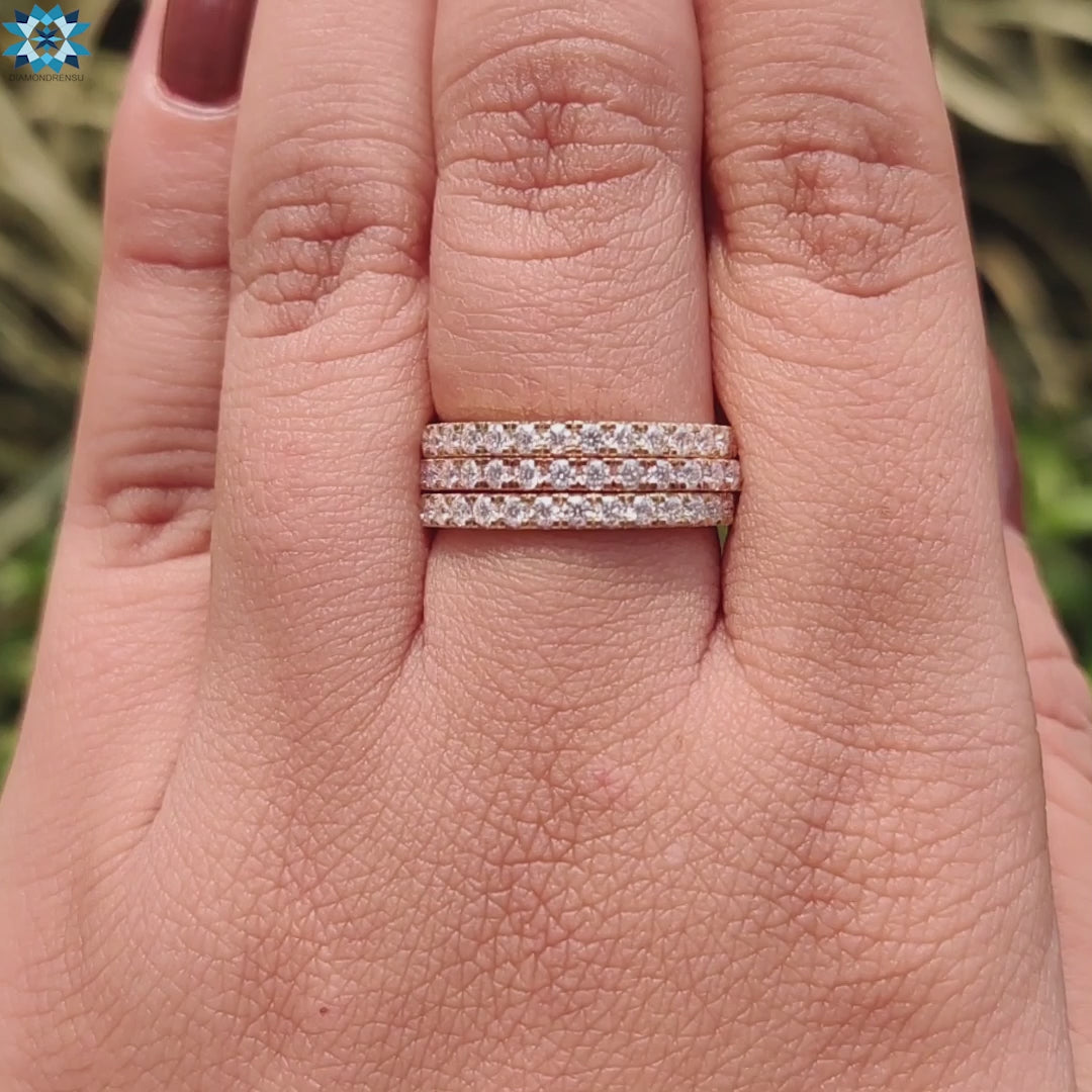 Scallop Pave 1.70 MM Round Moissanite Trio Eternity Wedding Band Set