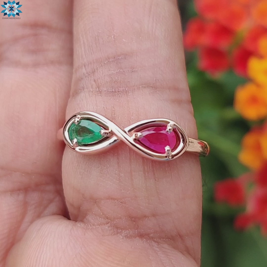 0.47 TW Pear Shape Ruby and Emerald Infinity Style Unique Wedding Band