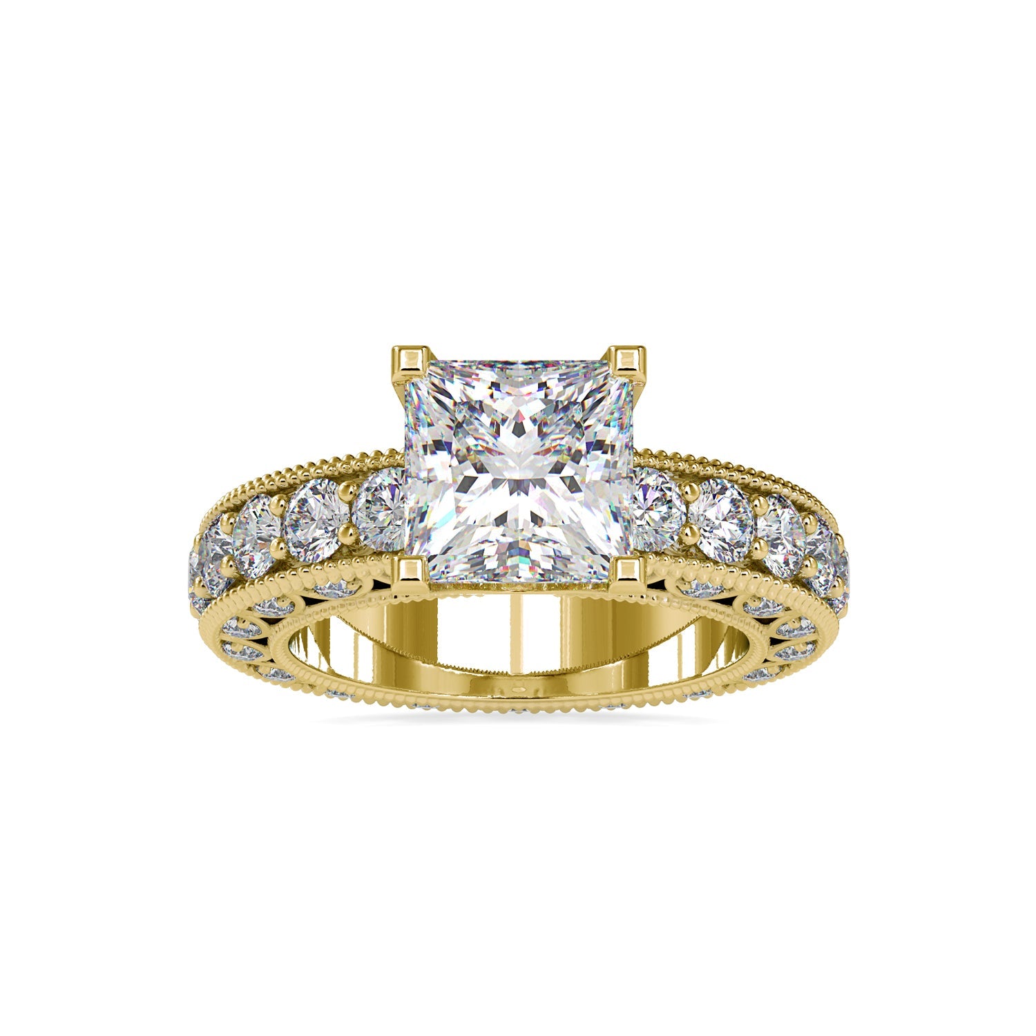 Unique two carat diamond ring with a princess cut center and IGI certified.
