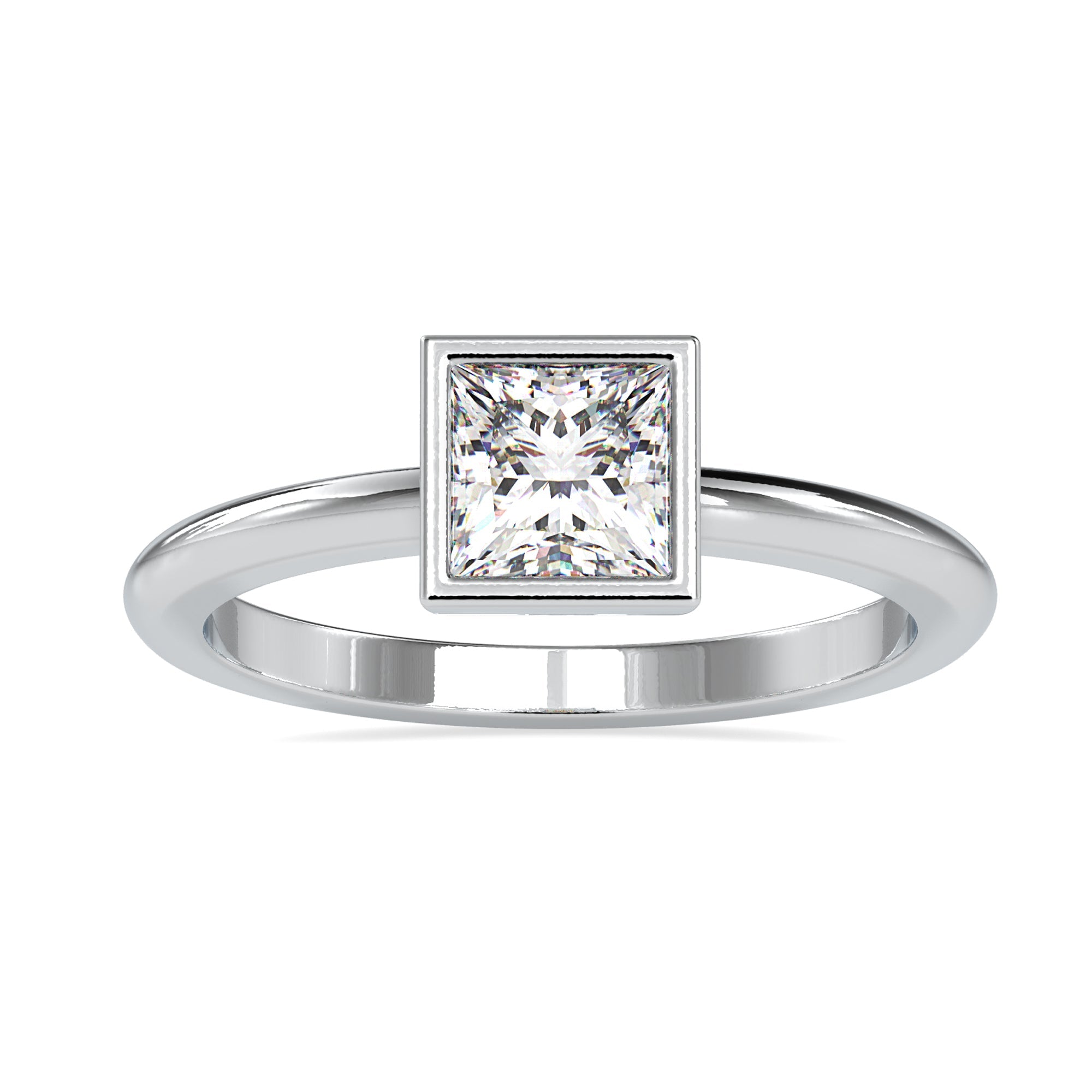 Classic princess cut bezel ring with a lab grown diamond.
