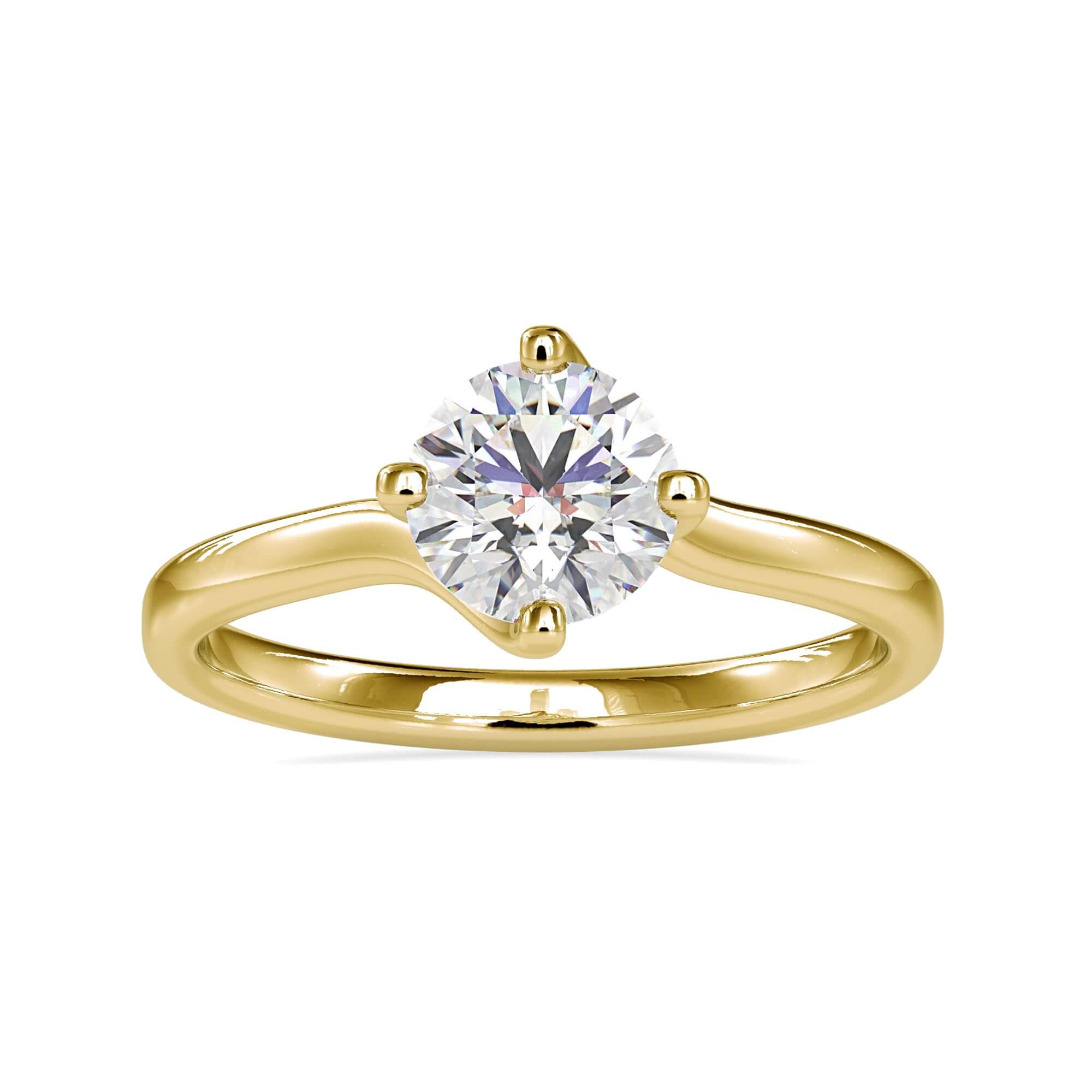 A Yellow gold ring with compass prongs and round diamond.
