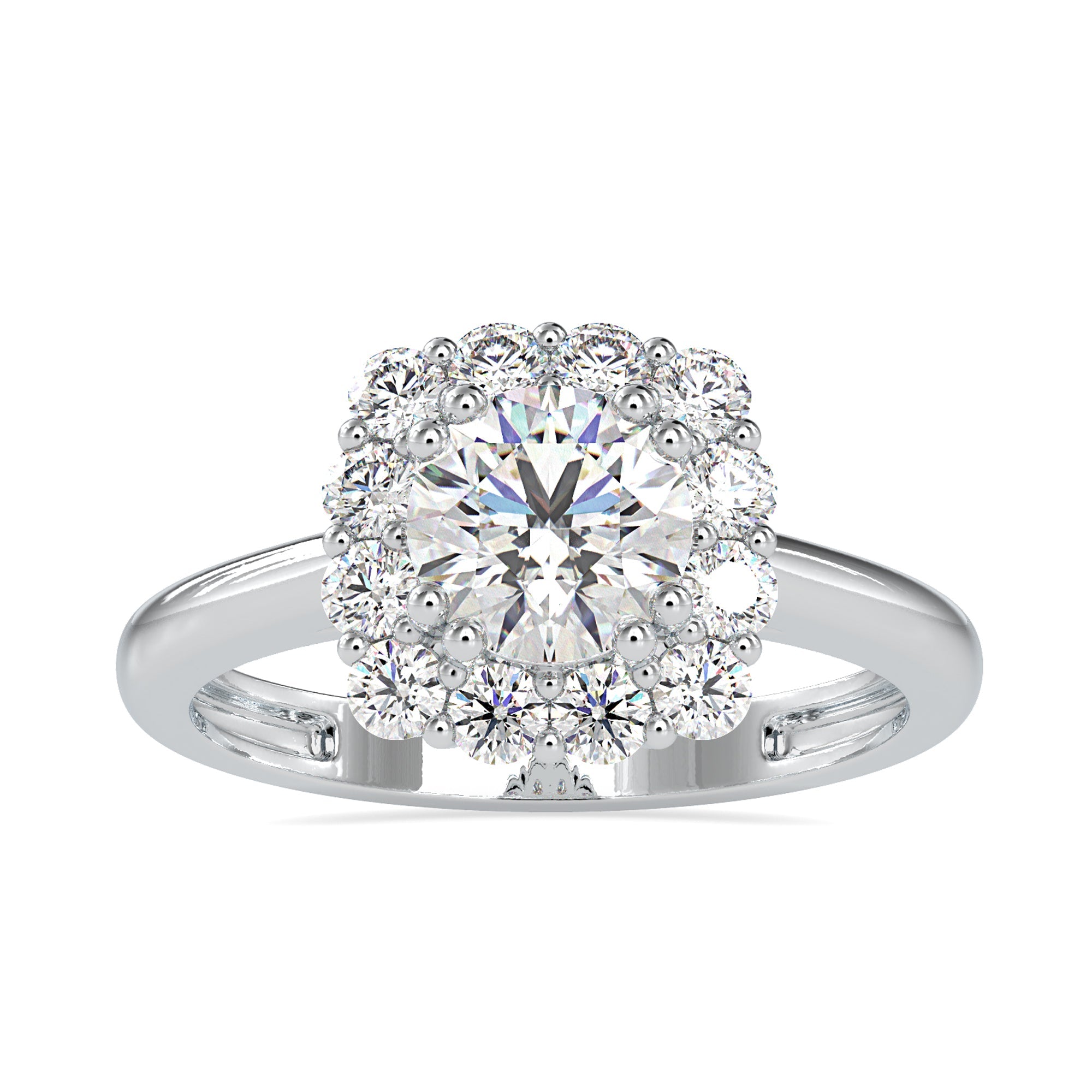 Round halo diamond ring with a classic and elegant design.
