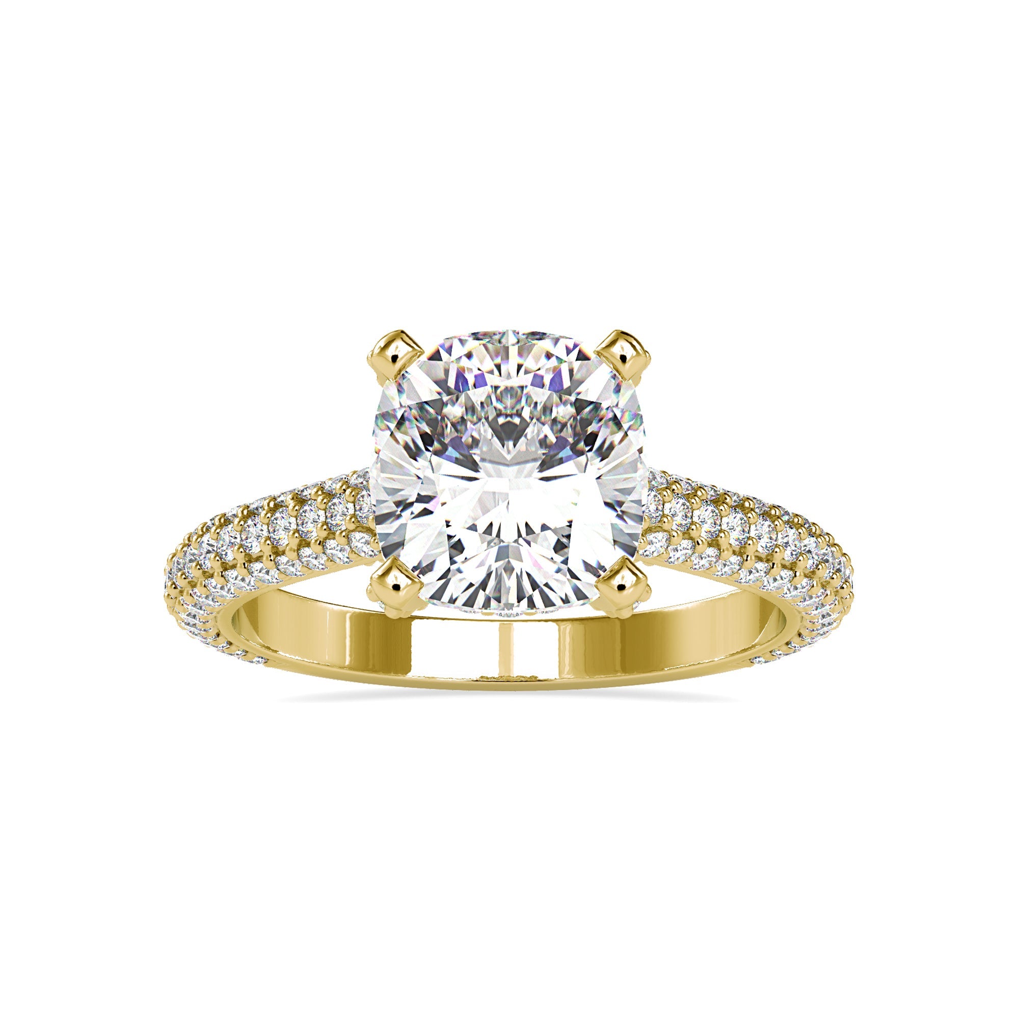 Stunning basket setting ring with a cushion cut diamond and hidden halo.