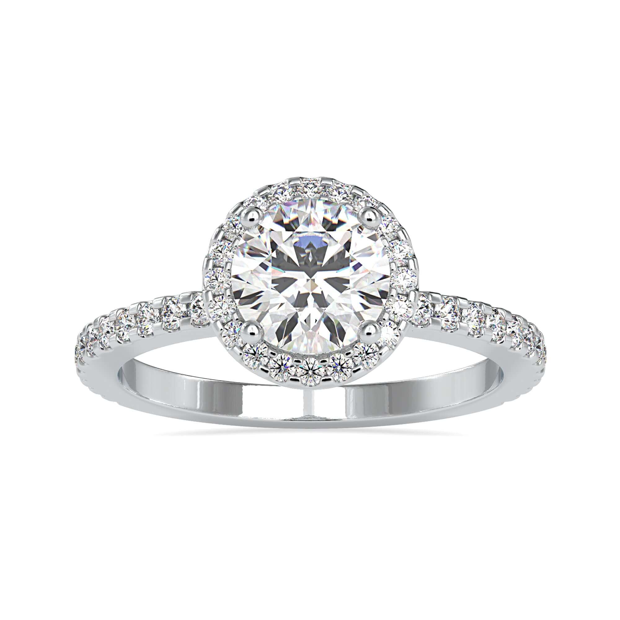 Halo round engagement ring with IGI certified diamond.