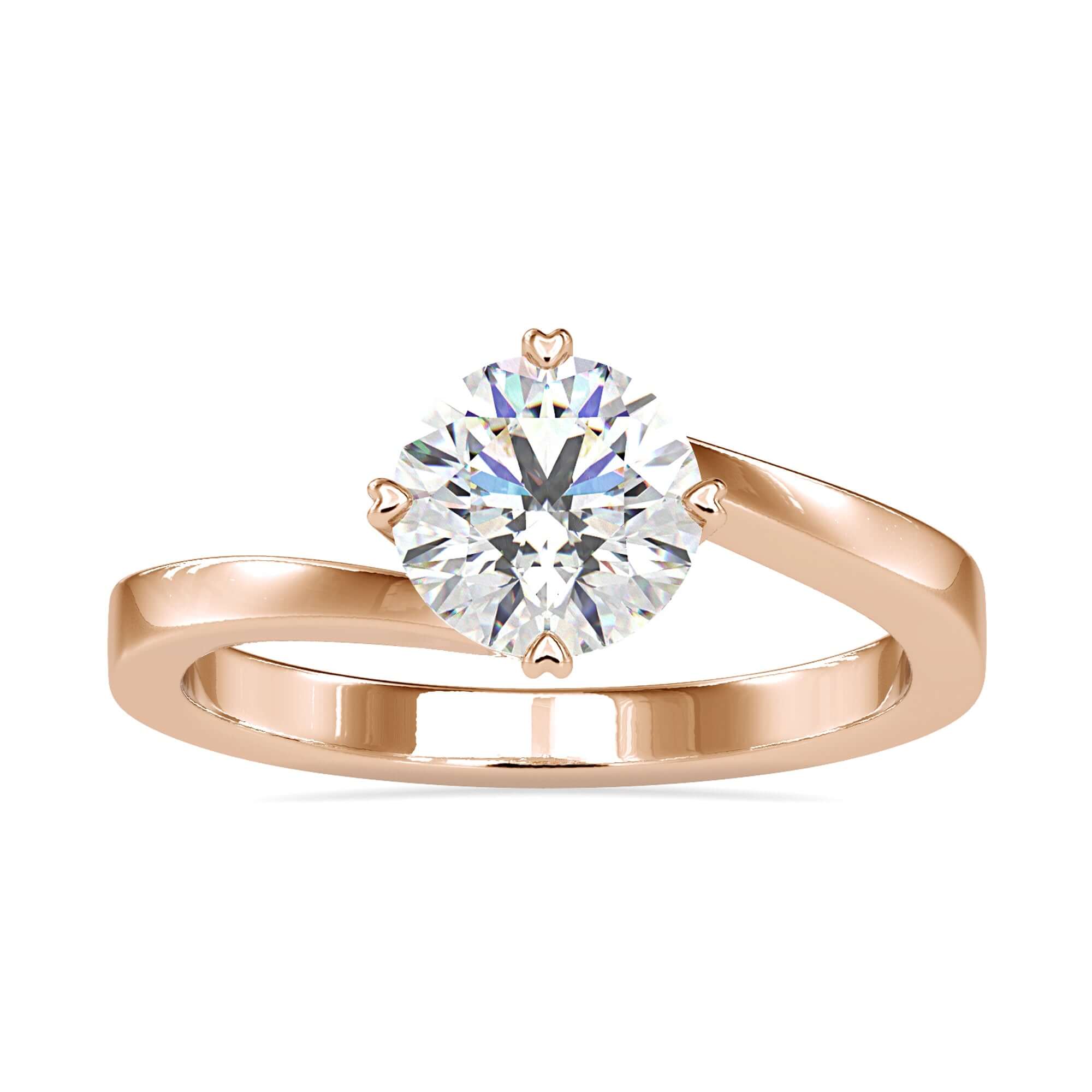 Elegant diamond solitaire ring round in a bypass design with handmade details.