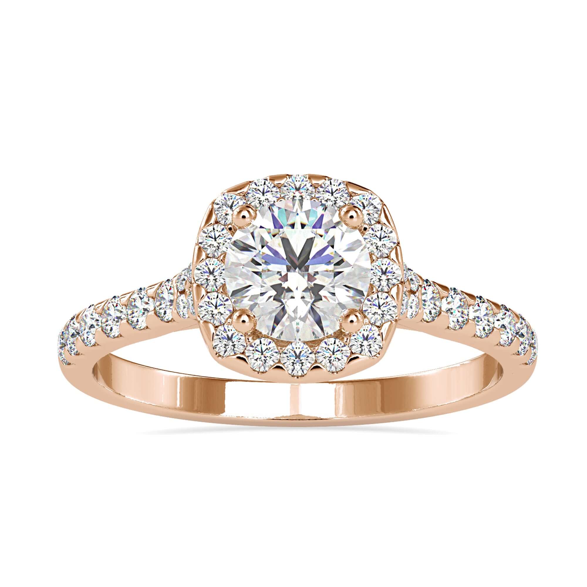 Round halo diamond ring with a brilliant-cut center stone.
