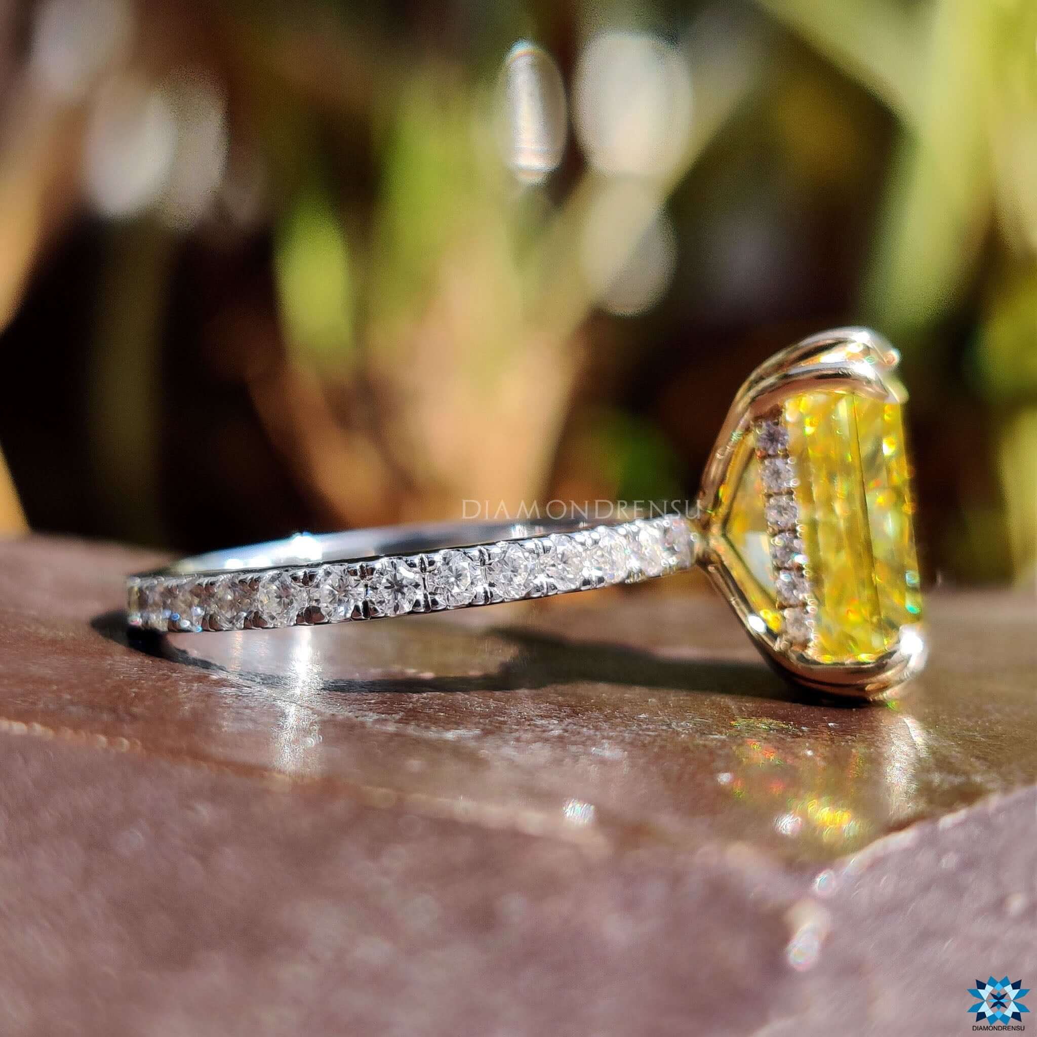 Timeless Radiant Cut Yellow Moissanite Ring in Jewelry Box