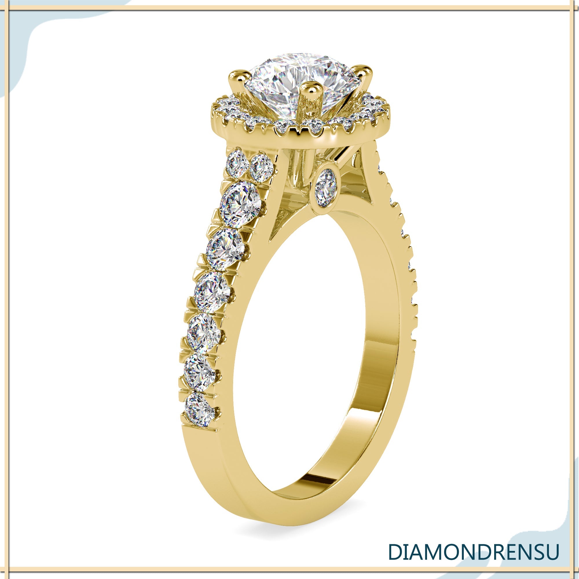 Accent diamond ring with halo design and handmade setting.