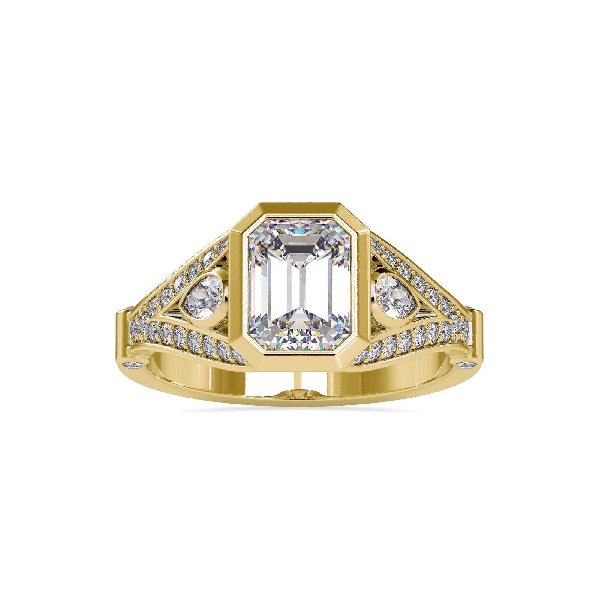 Bezel set emerald cut engagement ring in rose gold with pave accents
