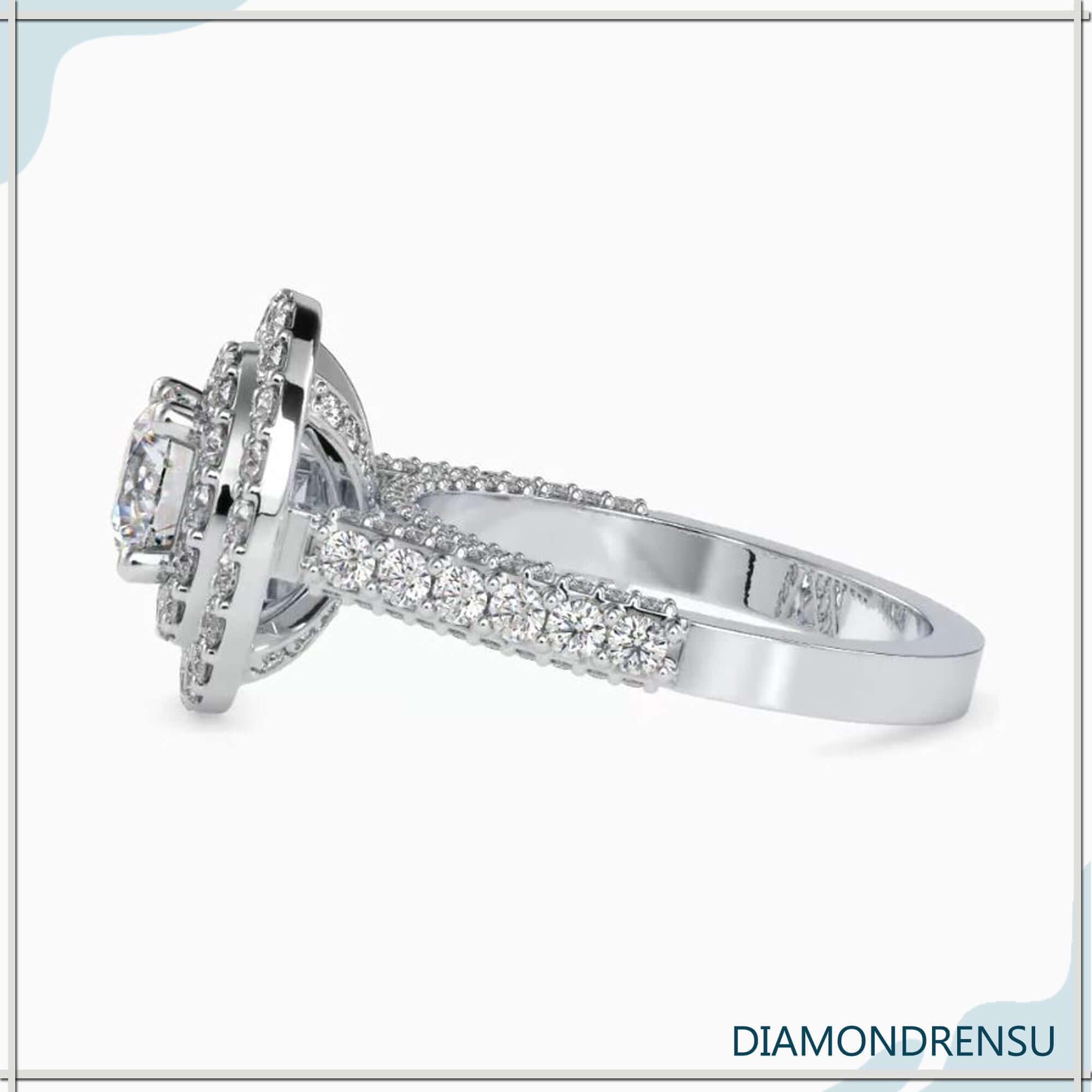 Exquisite three row pave engagement ring with a double halo for maximum shine.