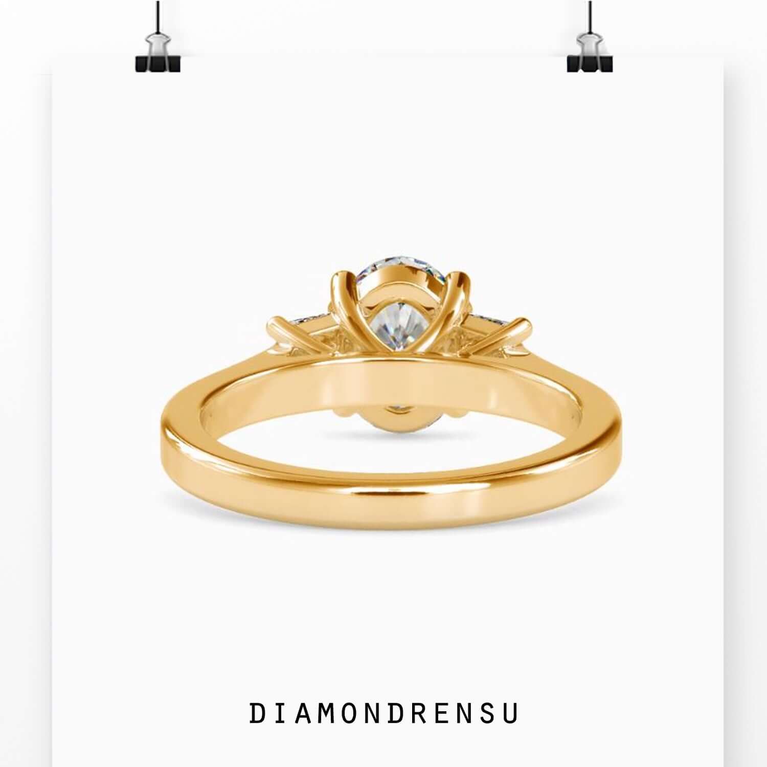 Diamondrensu engagement ring with basket setting and oval diamond.